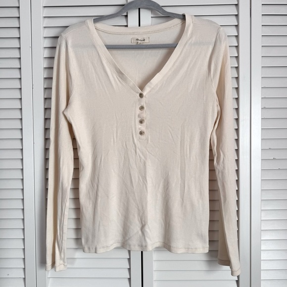 Madewell Drapey Rib Henley Tee Cream V neck Buttons Size Large - Picture 1 of 4